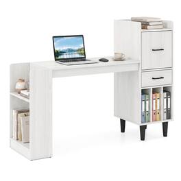 Costway - 59" Home Office Desk with Side Storage Shelves, Drawer, Cabinets, Vertical Cubbies - White Oak