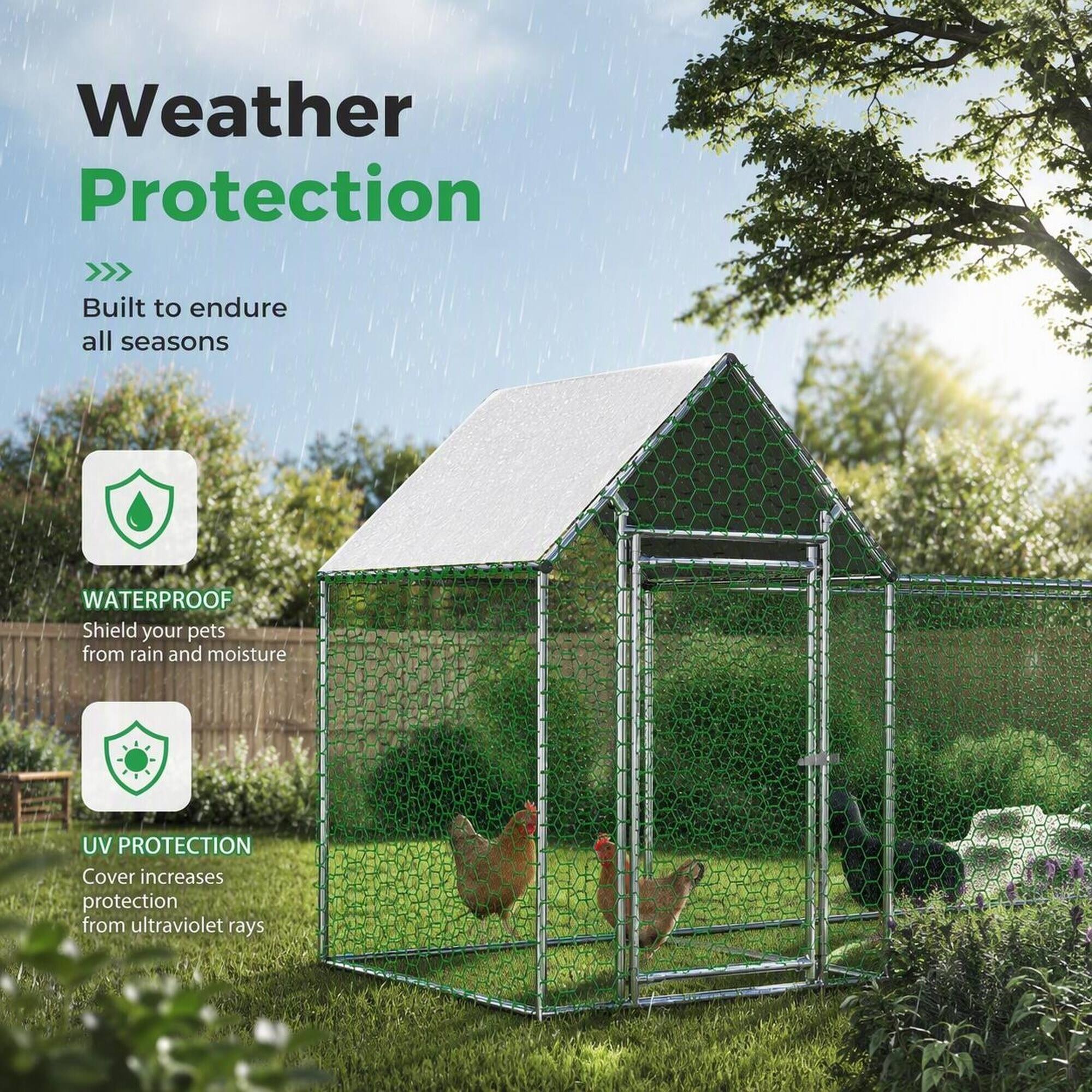 Weather Protection  
Built to endure all seasons  

WATERPROOF  
Shield your pets from rain and moisture  

UV PROTECTION  
Cover increases protection from ultraviolet rays