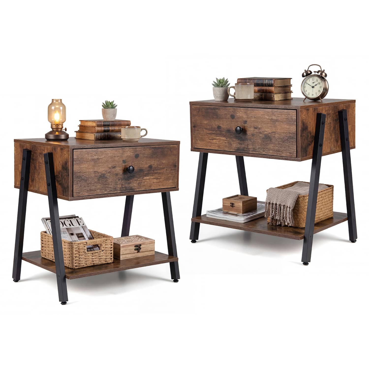 WELLFOR - Set of 2 Industrial Nightstands with Adjustable Foot Pads for Bedroom - Rustic Brown price history on PriceWatchPro