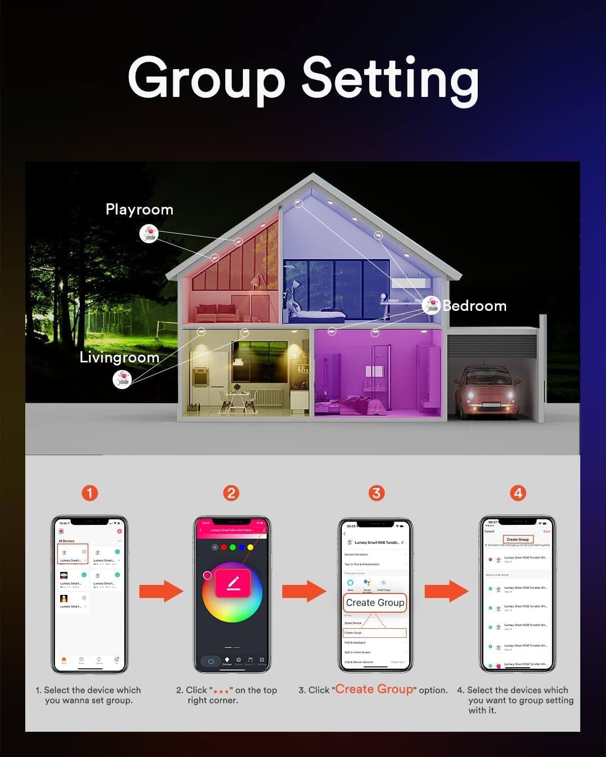 Group Setting

Playroom Bedroom Livingroom

1. Select the device which you wanna set group.
2. Click on the top right corner.
3. Click Create Group option.
4. Select the devices which you want to group setting with it.