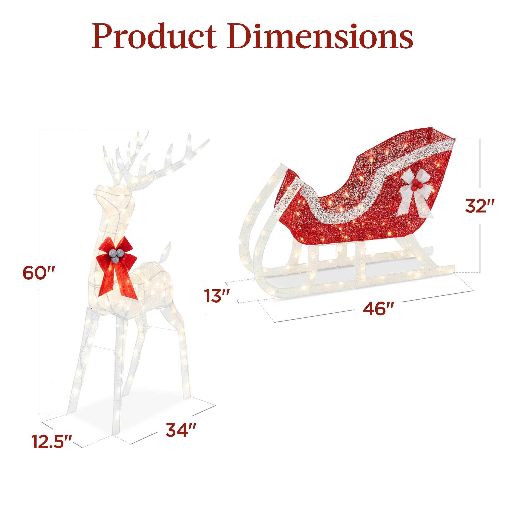 Product Dimensions

- Deer: 60" (height), 34" (width), 12.5" (depth), 13" (bow width)
- Sleigh: 46" (length), 32" (width)