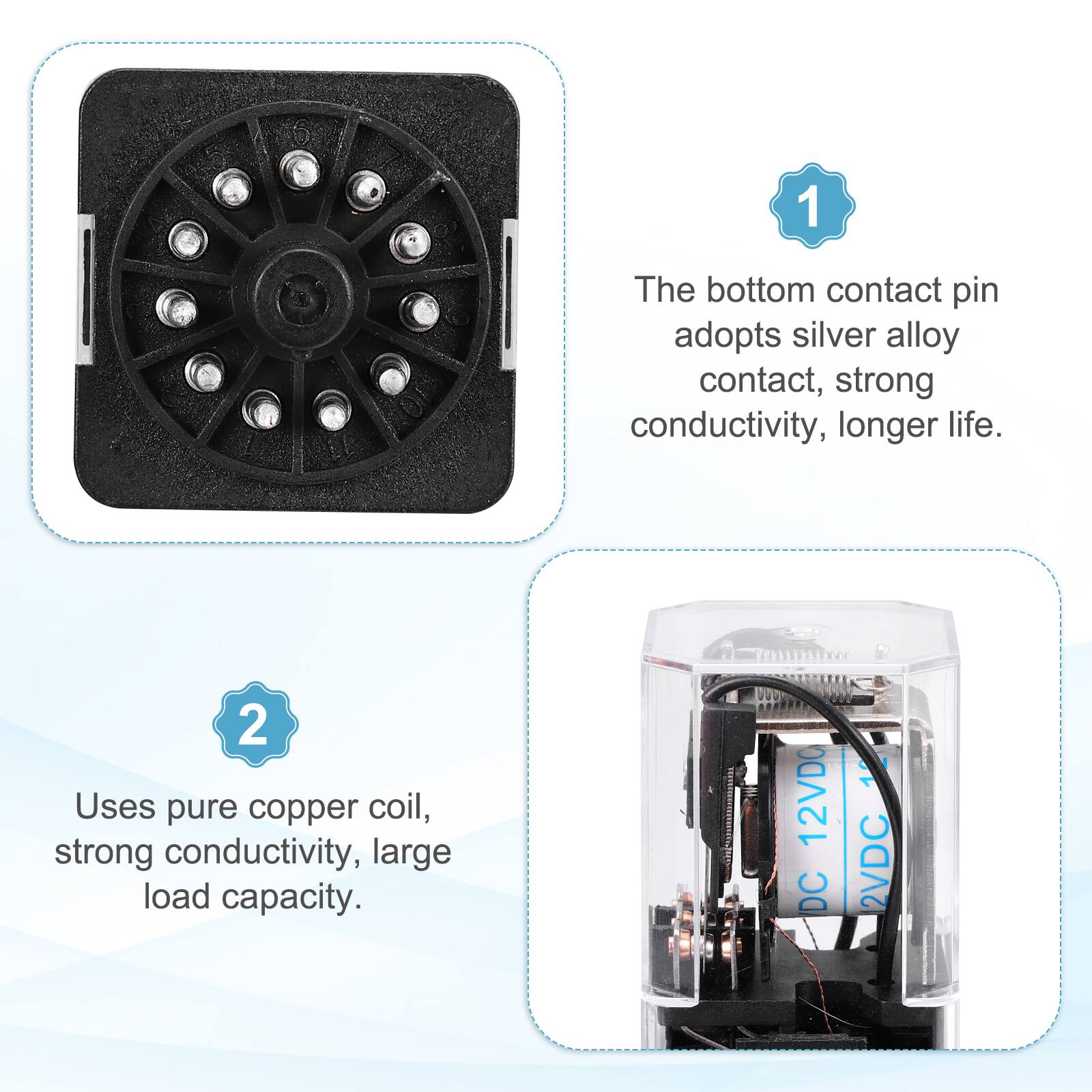 1. The bottom contact pin adopts silver alloy contact, strong conductivity, longer life.
2. Uses pure copper coil, strong conductivity, large load capacity.
12VDC DC
2VDC