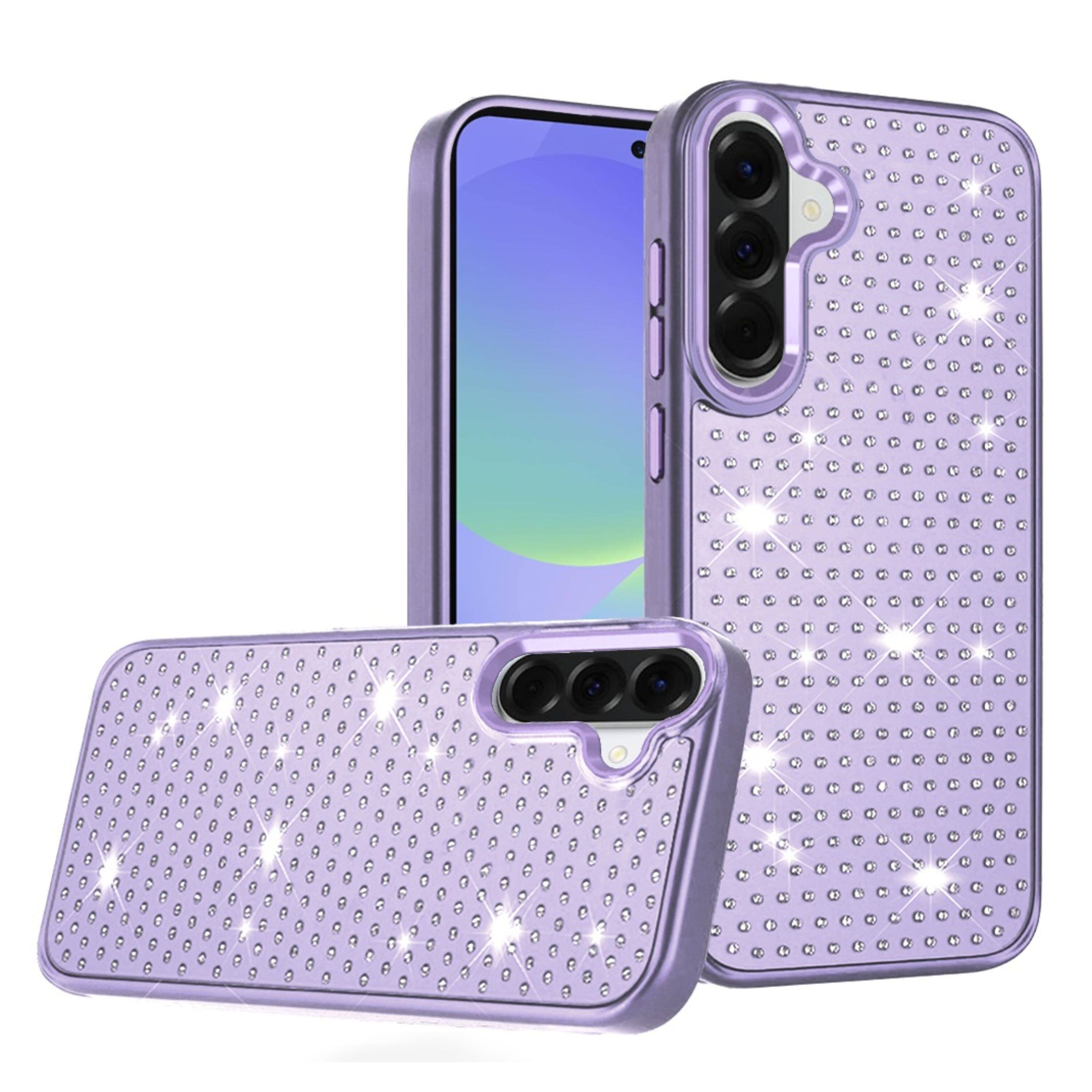 Angle. Kitcheniva - Faux Crystals Chrome Plated Phone Case With Tempered Glass For Samsung Galaxy A37 5G Purple - Purple.