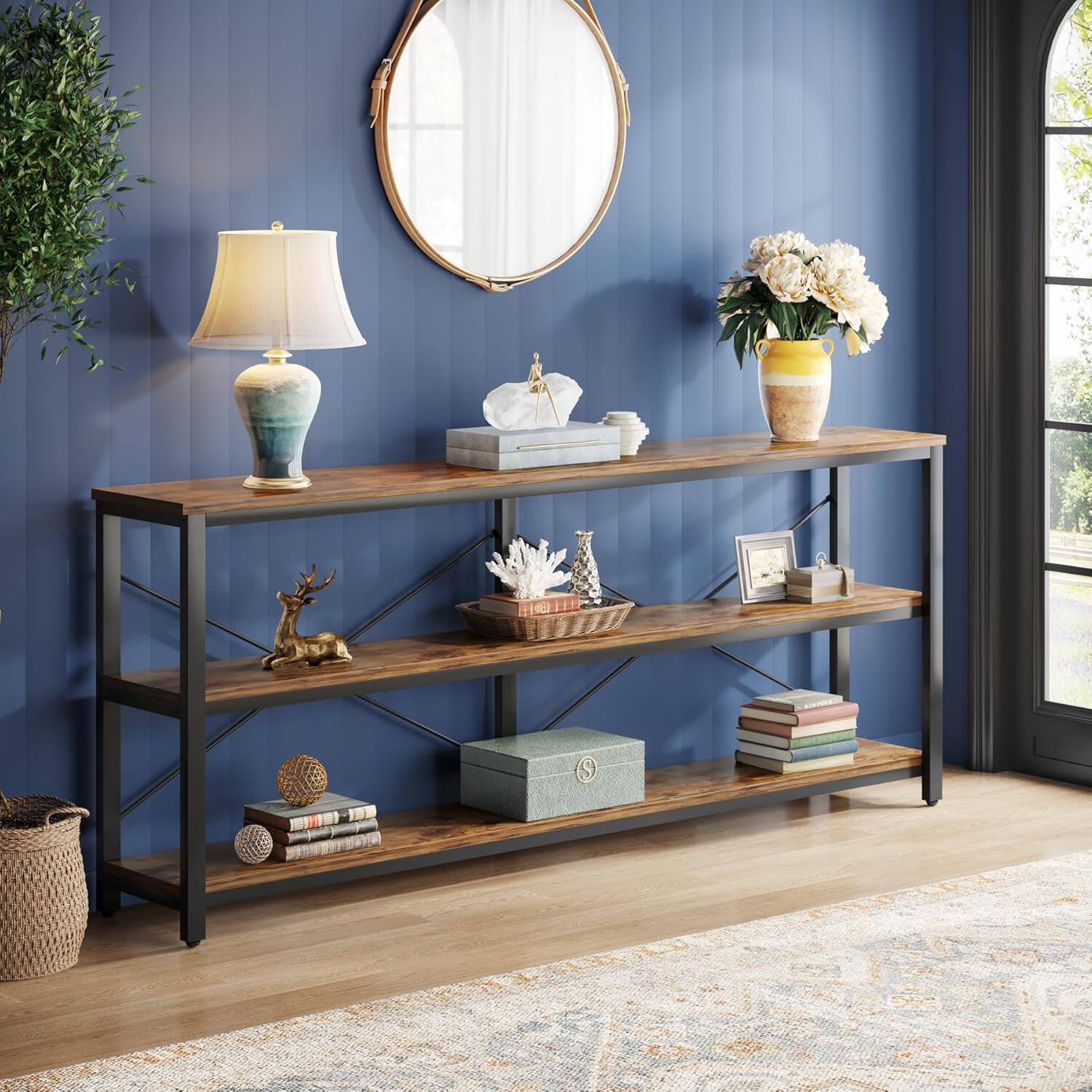 Front. Tribesigns - Industrial Console Table with Engineered Wood Construction and Storage Shelves for Entryway and Hallway - Dark Brown.