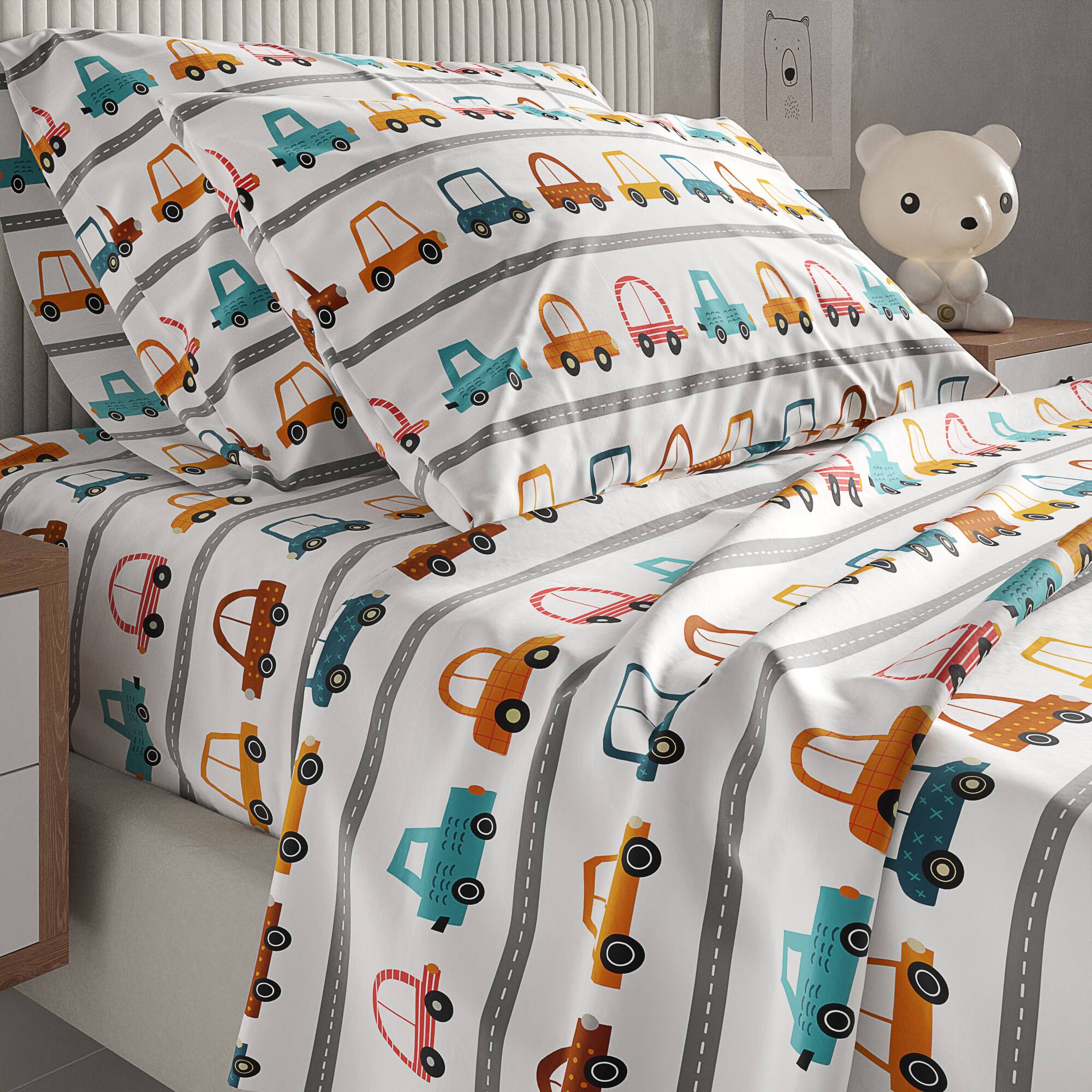 Angle. CGK Linens - Kids 4 Piece Bed Sheet Set - Cute & Cozy Wrinkle-Resistant with Vibrant Designs - Queen - Cars.