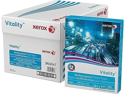 Vitality xerox  
Multipurpose Printer Paper  
Papier multifonction pour imprimante  
20% recycled content  
8.5 x 11"  
5000 sheets  
3R02047  

Vitality xerox  
Multipurpose Printer Paper  
Papier multifonction pour imprimante  
20% recycled content  
8.5 x 11"  
500 sheets