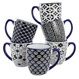Elama - Flyn 6 Piece 16 Ounce Assorted Design Stoneware Mug Set and White - Navy Blue