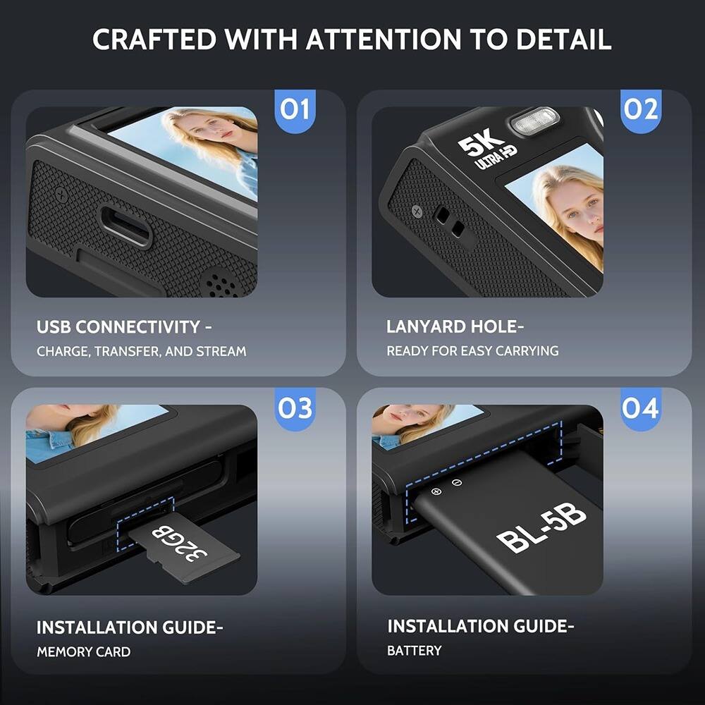 CRAFTED WITH ATTENTION TO DETAIL

01 USB CONNECTIVITY - CHARGE, TRANSFER, AND STREAM

02 LANYARD HOLE - READY FOR EASY CARRYING

03 INSTALLATION GUIDE - MEMORY CARD

04 INSTALLATION GUIDE - BATTERY