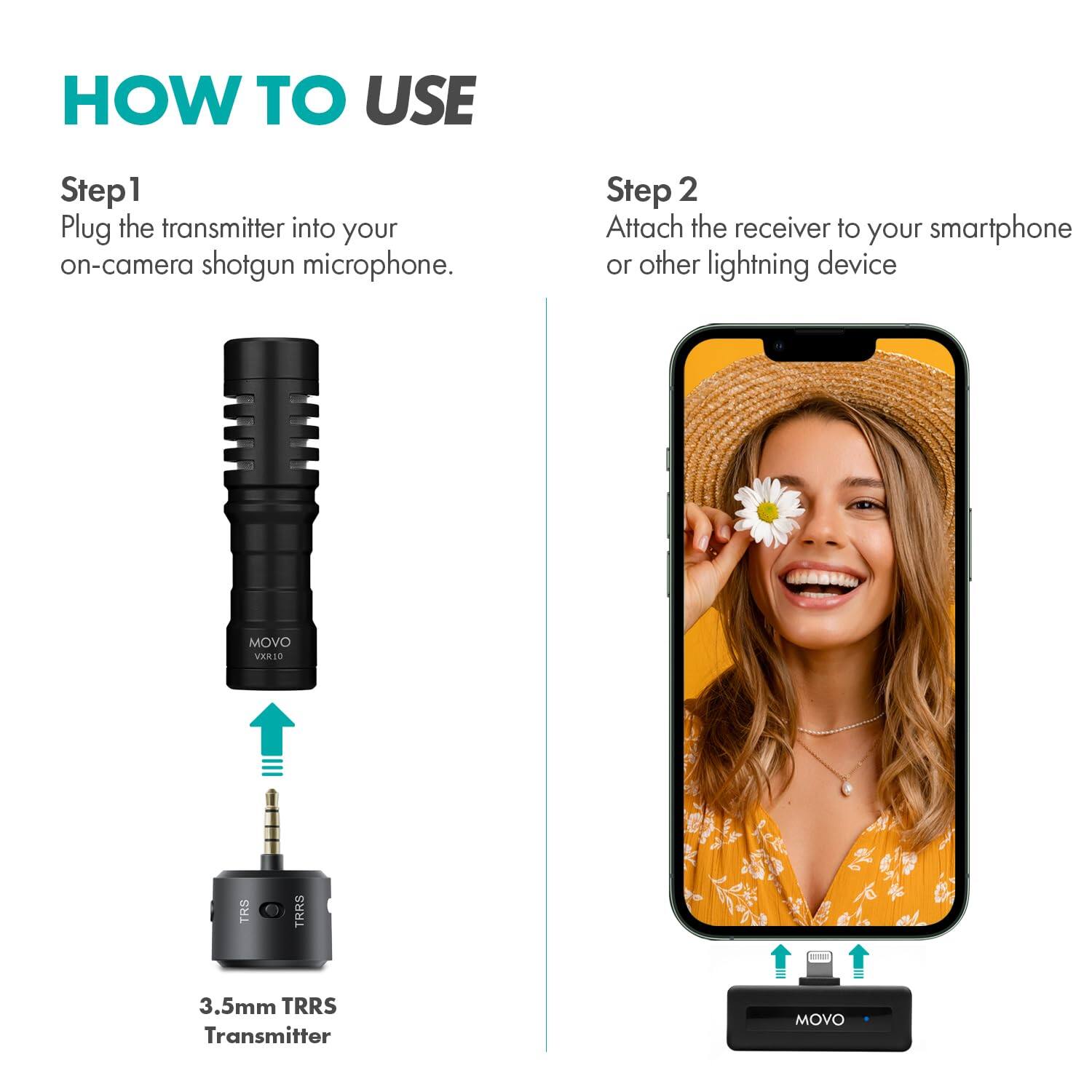**HOW TO USE**

**Step 1**  
Plug the transmitter into your on-camera shotgun microphone.

**Step 2**  
Attach the receiver to your smartphone or other lightning device.

---

**3.5mm TRRS Transmitter**