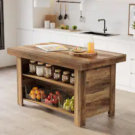 Tribesigns - 55.1-Inch Farmhouse Kitchen Island with Large Worktop and 3-Tier Storage for Kitchen or Dining Room - Rustic Brown