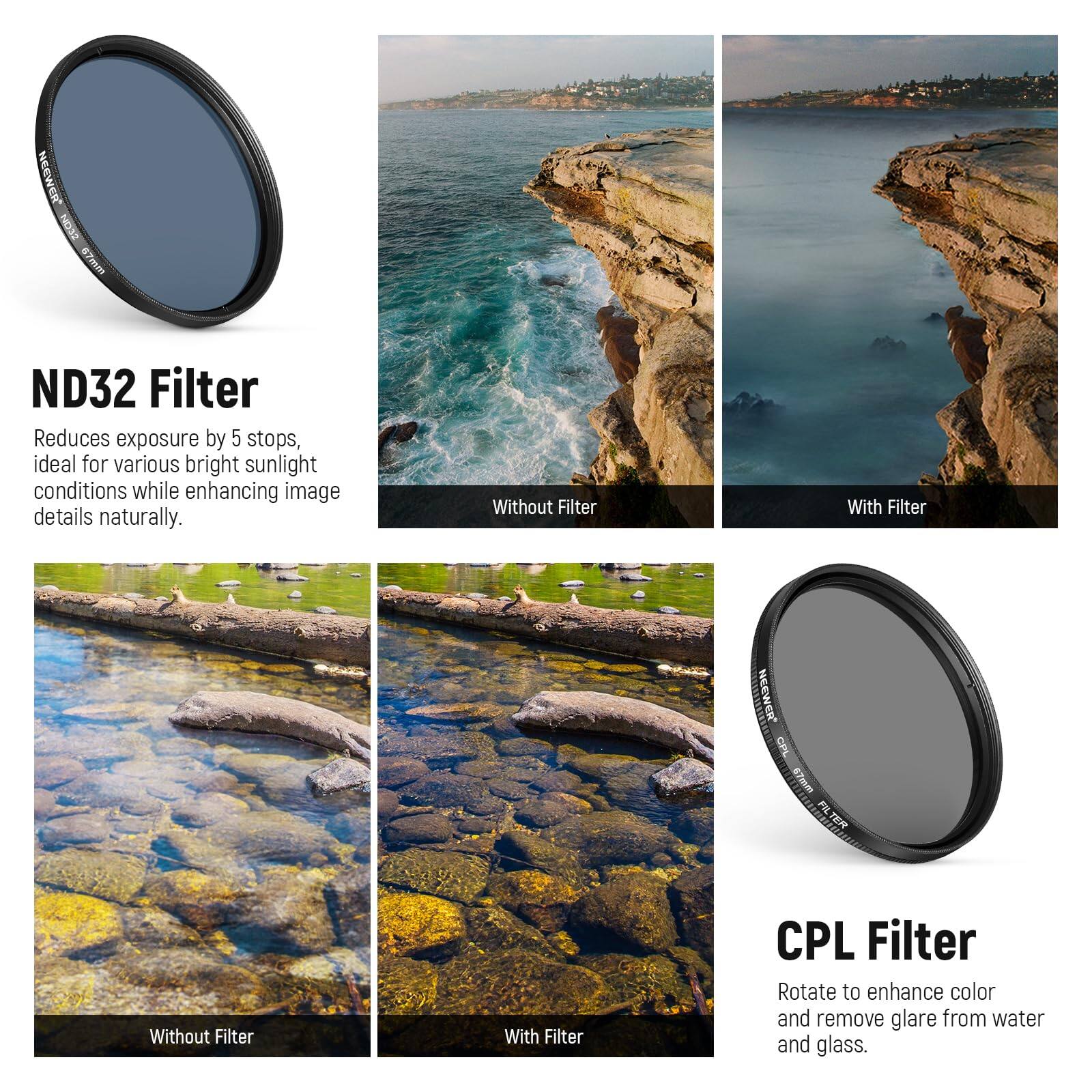 NEEWER O 67mm ND32 Filter  
Reduces exposure by 5 stops, ideal for various bright sunlight conditions while enhancing image details naturally.  
Without Filter | With Filter  

NEEWER CPL 67mm FILTER  
Rotate to enhance color and remove glare from water and glass.  
Without Filter | With Filter