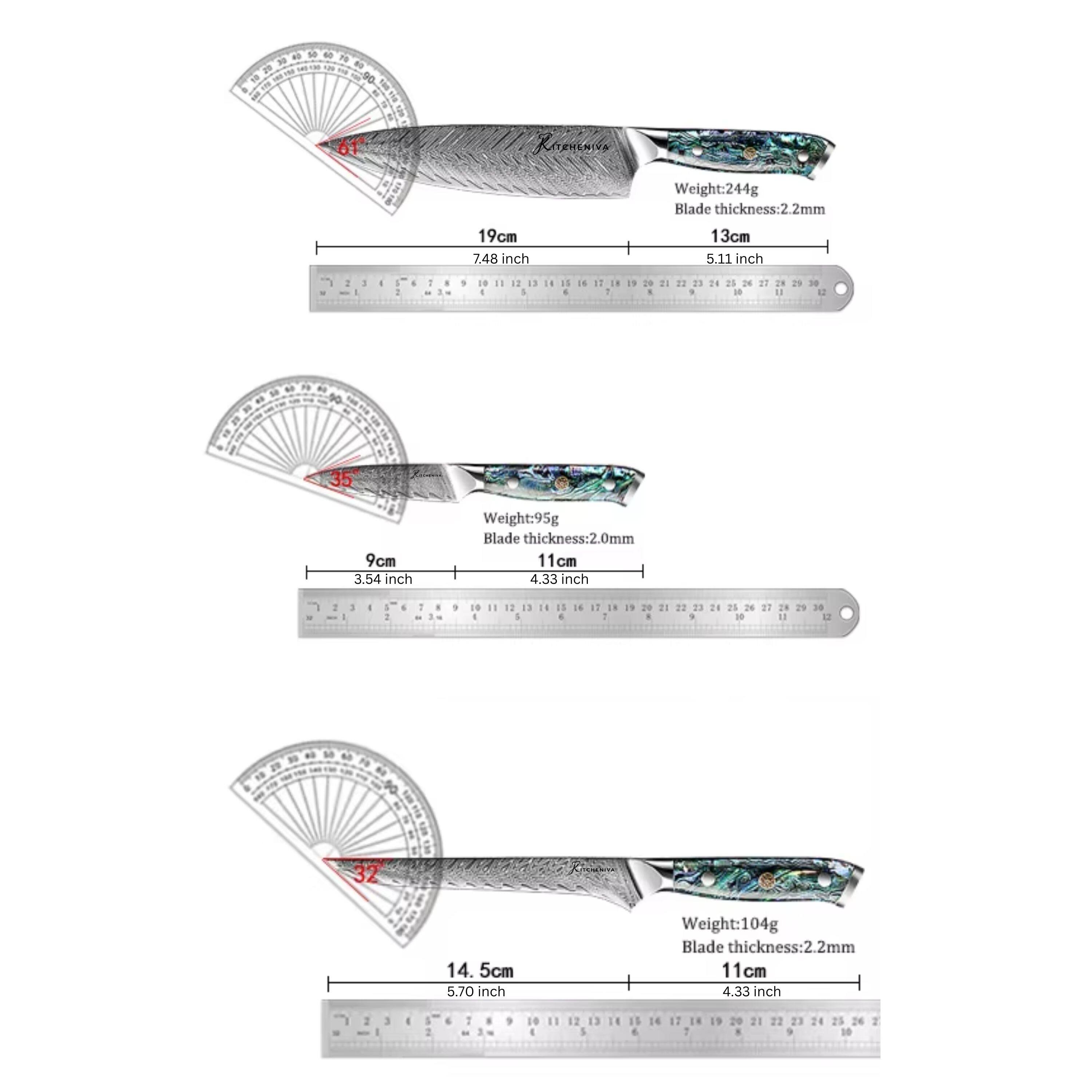 61 RARMeI  
19cm 7.48 inch  
Weight: 244g  
Blade thickness: 2.2mm  
13cm 5.11 inch  

9cm 3.54 inch  
Weight: 95g  
Blade thickness: 2.0mm  
11cm 4.33 inch  

14.5cm 5.70 inch  
Weight: 104g  
Blade thickness: 2.2mm  
11cm 4.33 inch