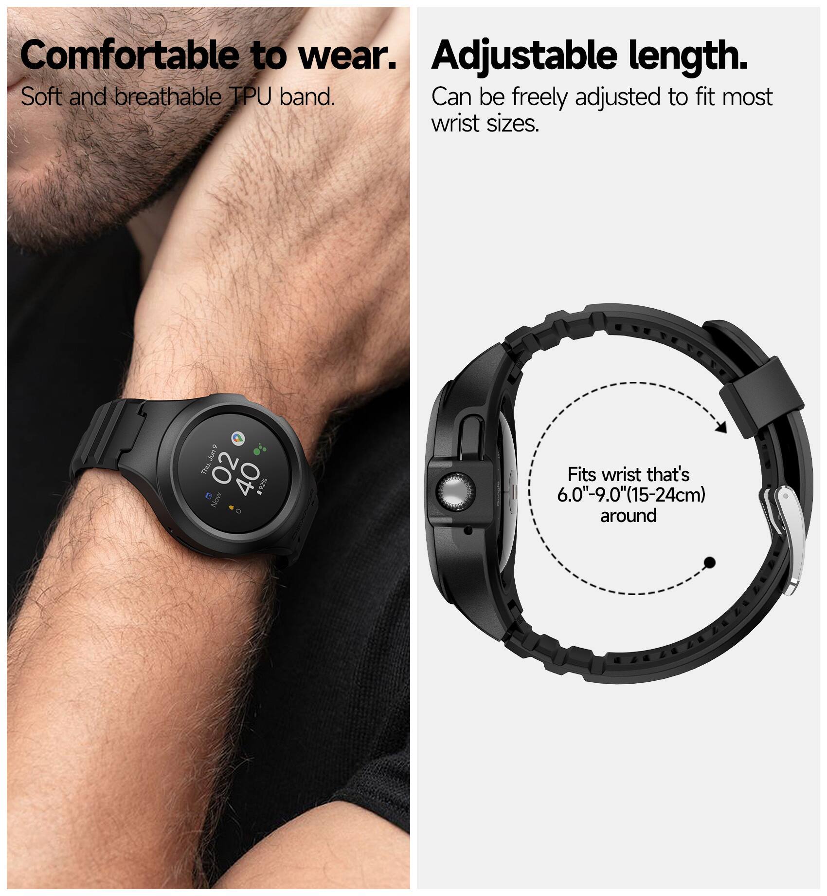 Comfortable to wear.  
Soft and breathable TPU band.  

Adjustable length.  
Can be freely adjusted to fit most wrist sizes.  

Fits wrist that's 6.0"-9.0" (15-24cm) around