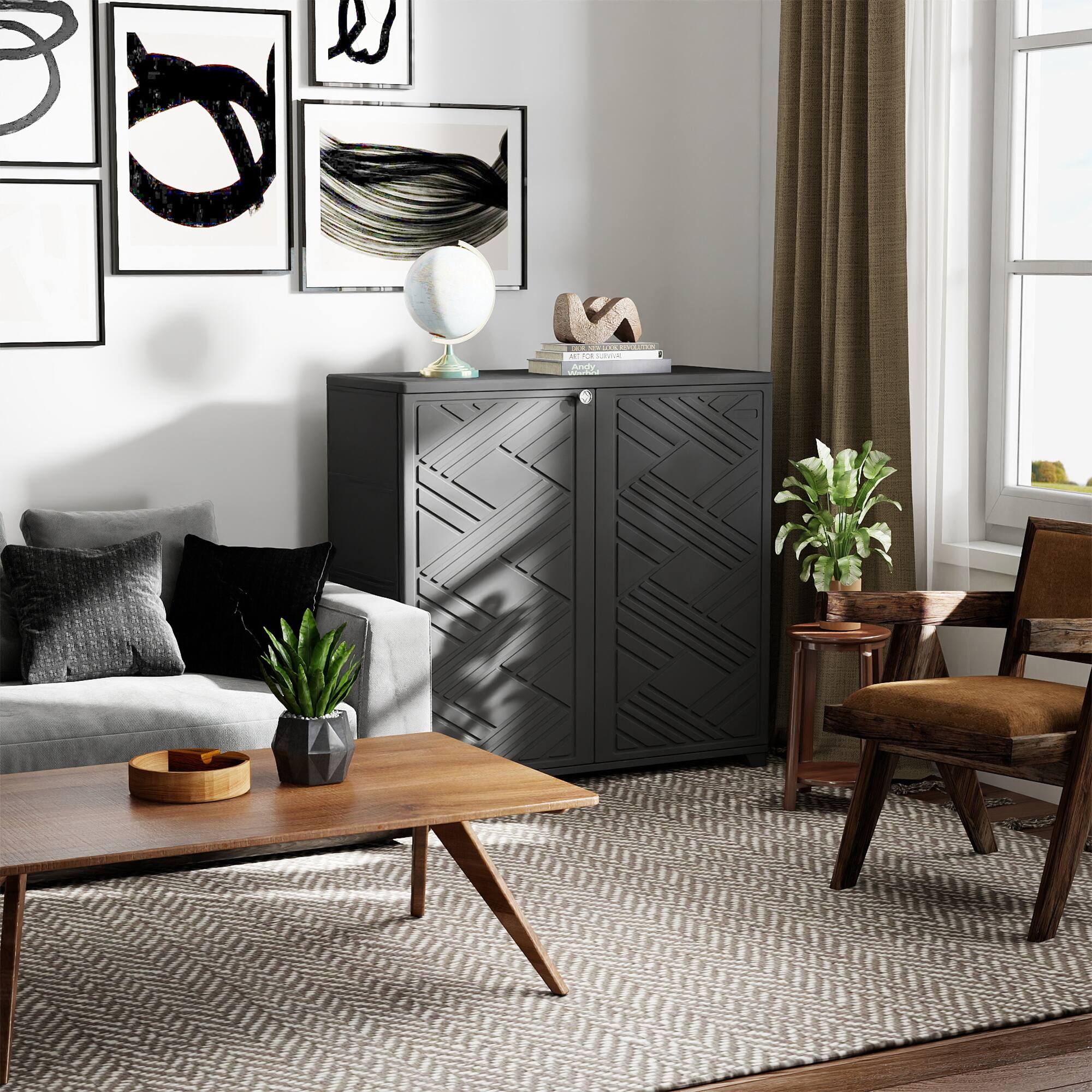 Angle. Decksplore - Outdoor Storage Shed Weather Resistance, Horizontal Outdoor Storage Box Cabinet for Garden, Patios, Backyards - Black.