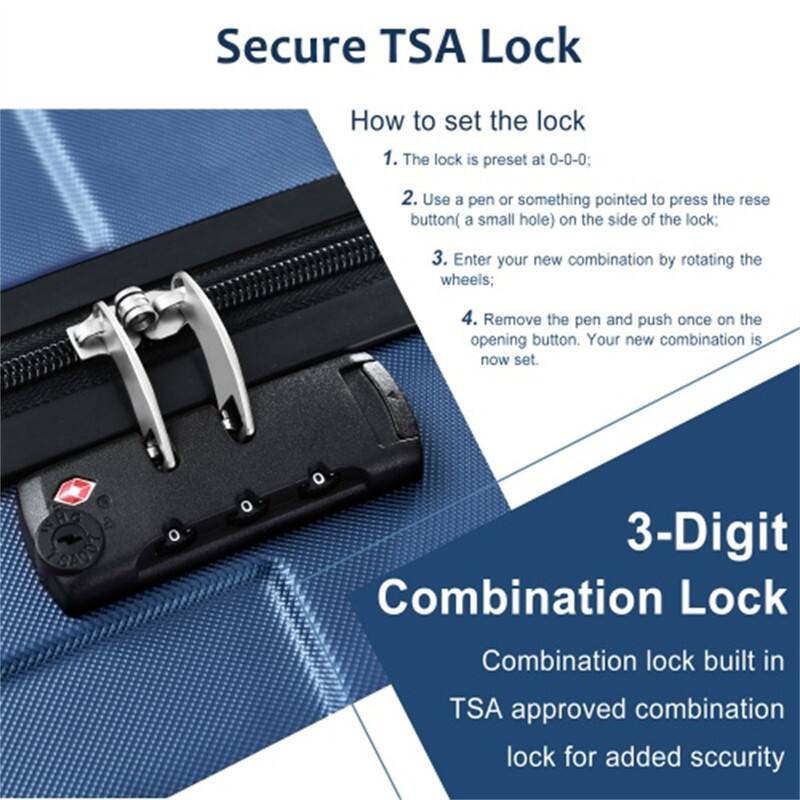 Secure TSA Lock

How to set the lock
1. The lock is preset at 0-0-0;
2. Use a pen or something pointed to press the reset button (a small hole) on the side of the lock;
3. Enter your new combination by rotating the wheels;
4. Remove the pen and push once on the opening button. Your new combination is now set.

3-Digit Combination Lock
Combination lock built in TSA approved combination lock for added security