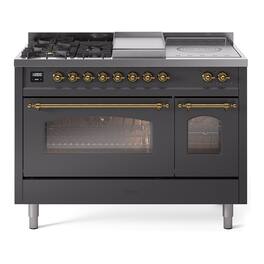 ILVE - Nostalgie II Series 48 in. Dual Fuel Range with 5 Sealed Burners + Griddle (Liquid Propane, Brass Trim) - Graphite Matte