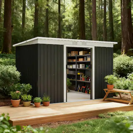 Front. TinyHomie - Dark Gray Garden Storage Shed Outdoor Storage Shed 9FT x 4FT Tool House with Double Lockable Doors.