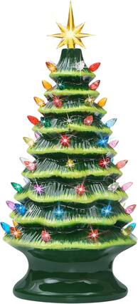 Front. Nordic Hygge - 16.5-Inch Hand-Painted Resin Christmas Tree with Lights with Multicolored LED Bulbs Green - Green.