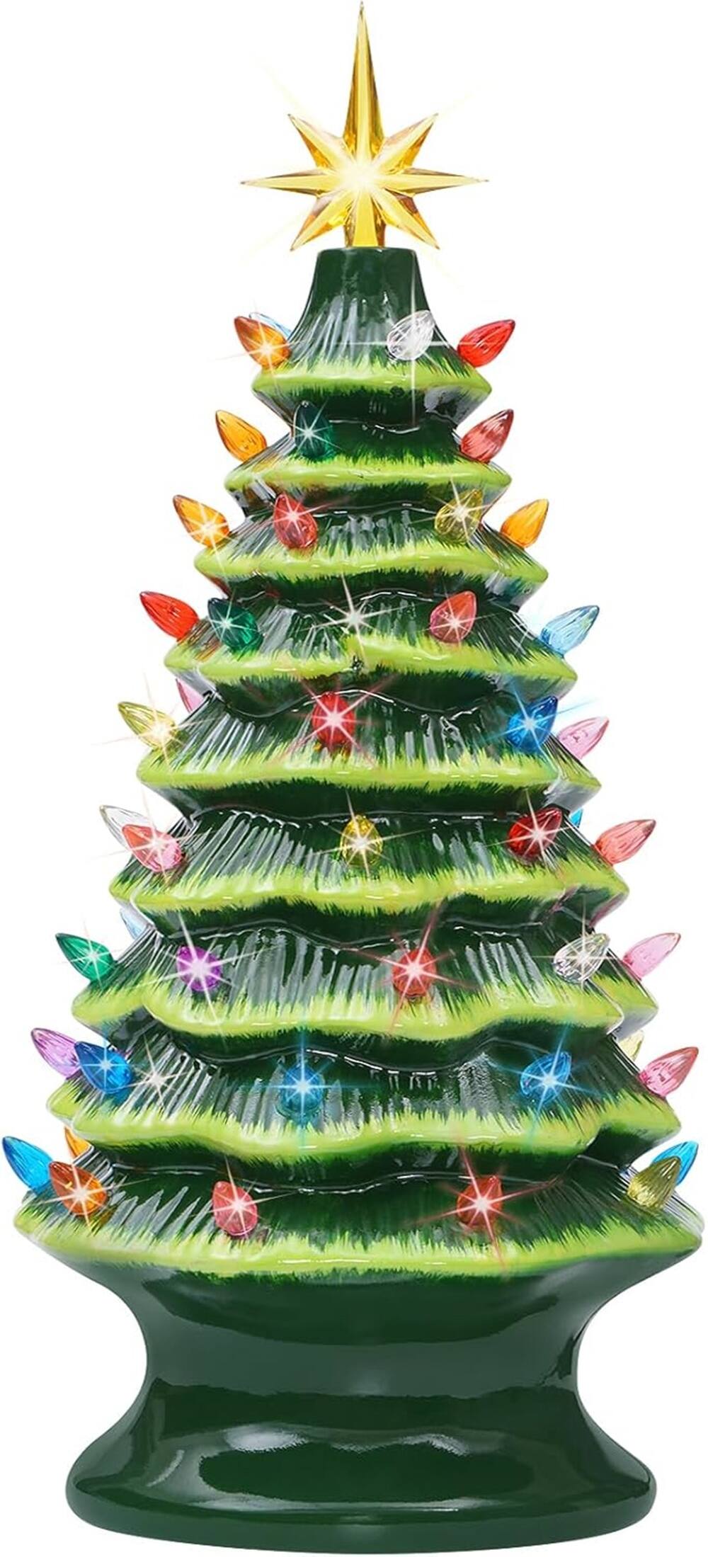 Front. Nordic Hygge - 16.5-Inch Hand-Painted Resin Christmas Tree with Lights with Multicolored LED Bulbs Green - Green.