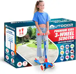 Outdoor Cruiser - 3-Wheel Scooter – LED Wheels, 4-Level Adjustable Handle, for Kids Ages 3-8 - Blue & Red