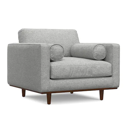 Front. Simpli Home - Morrison 42 inch Wide Mid-Century Modern Arm Chair in Mist Grey Performance Fabric - Mist Grey.