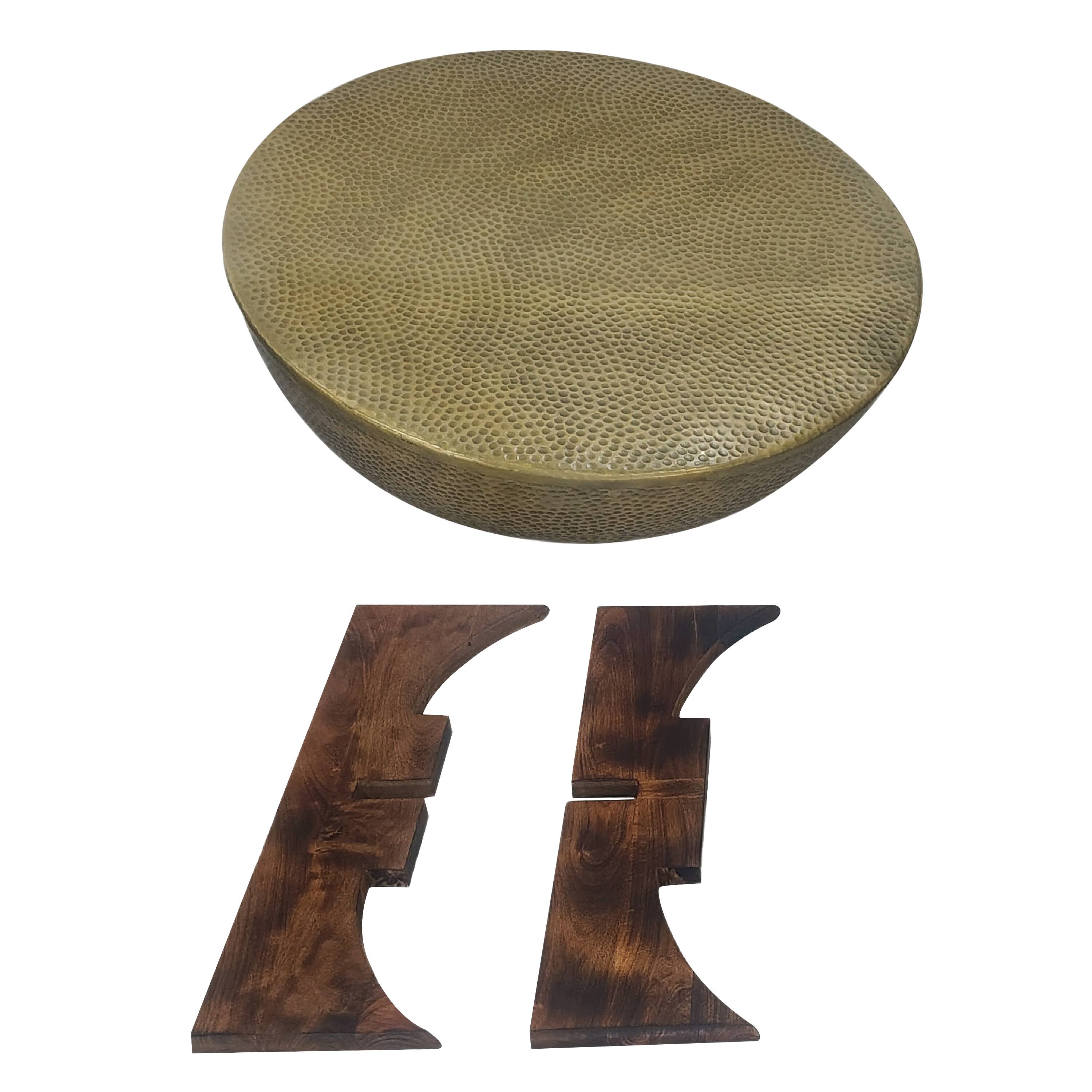Alt View 1. Manhattan Lane - Arden Coffee Table | Round Hammered Metal Top | Mango Wood Base| Antique Brass - Antique Brass, Brown.