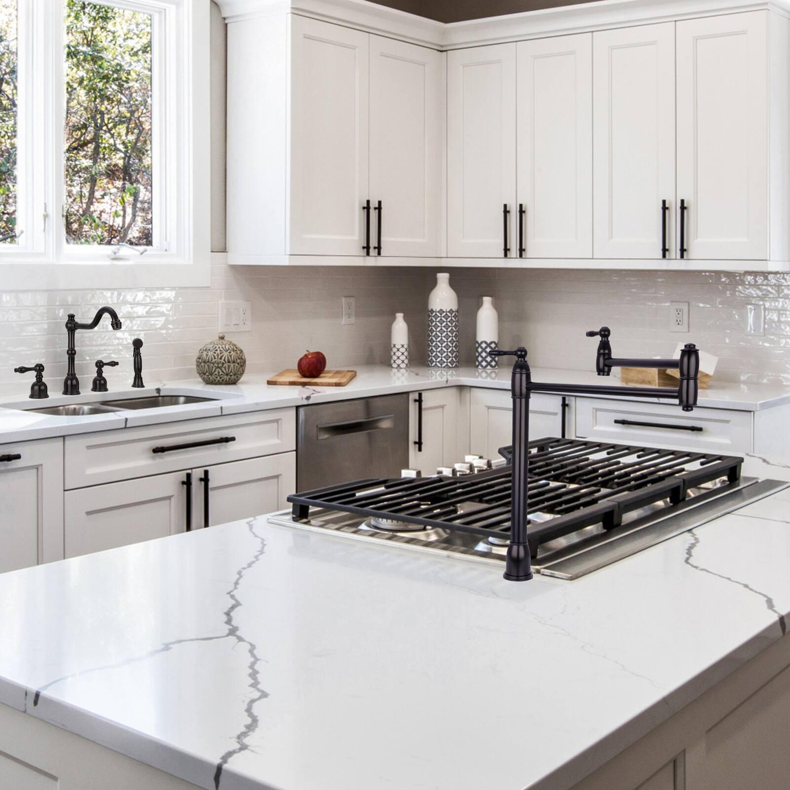 Alt View 3. Akicon - Akicon Solid Brass Deck-Mounted Pot Filler Kitchen Faucet with Dual Joint Swing Arms in Matte Black - Matte Black.