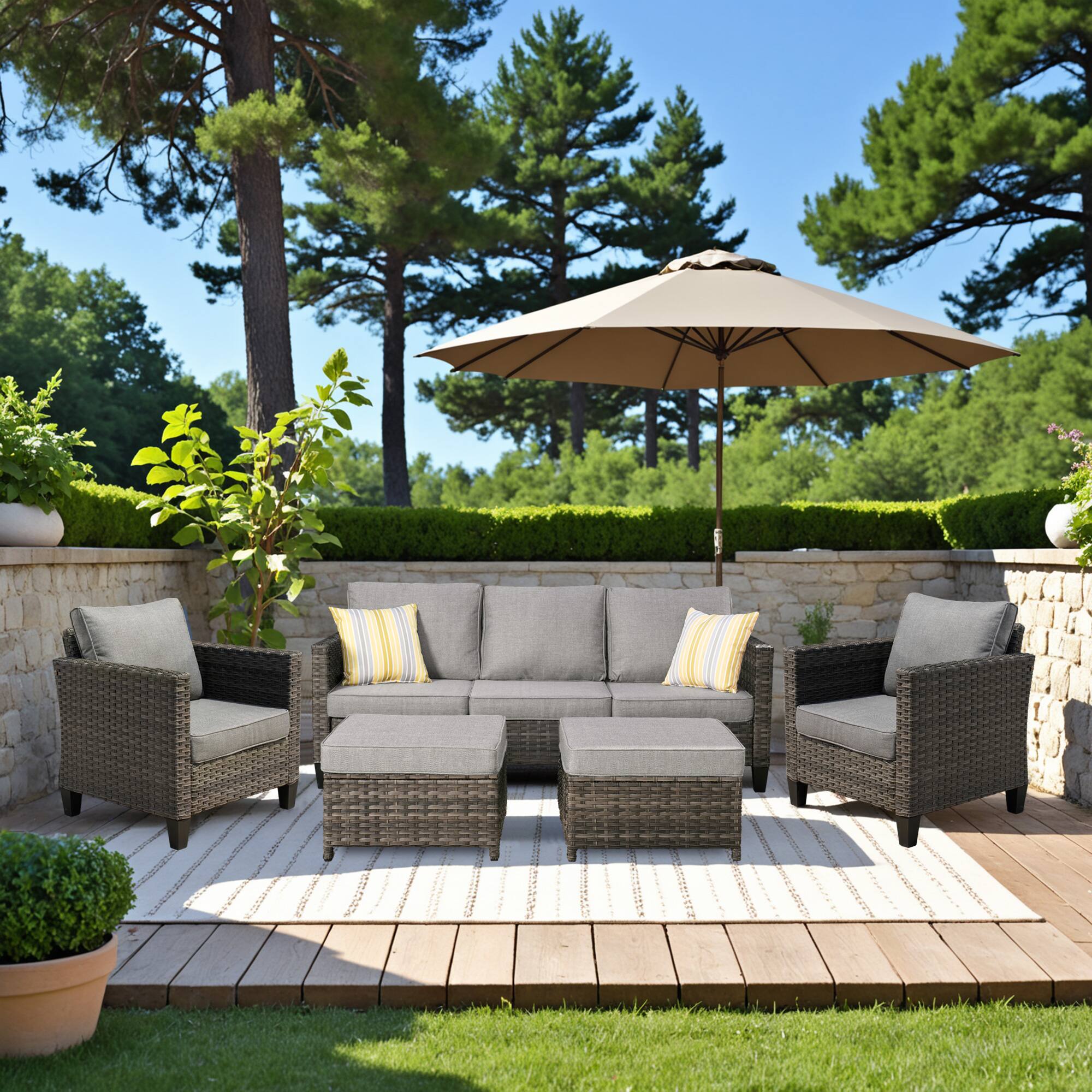 Ovios - 5 PCS Outdoor Patio Furniture Set, 3 Seat Wicker Sofa with Cushions & Ottoman for Garden Porch Backyard - Dark Gray