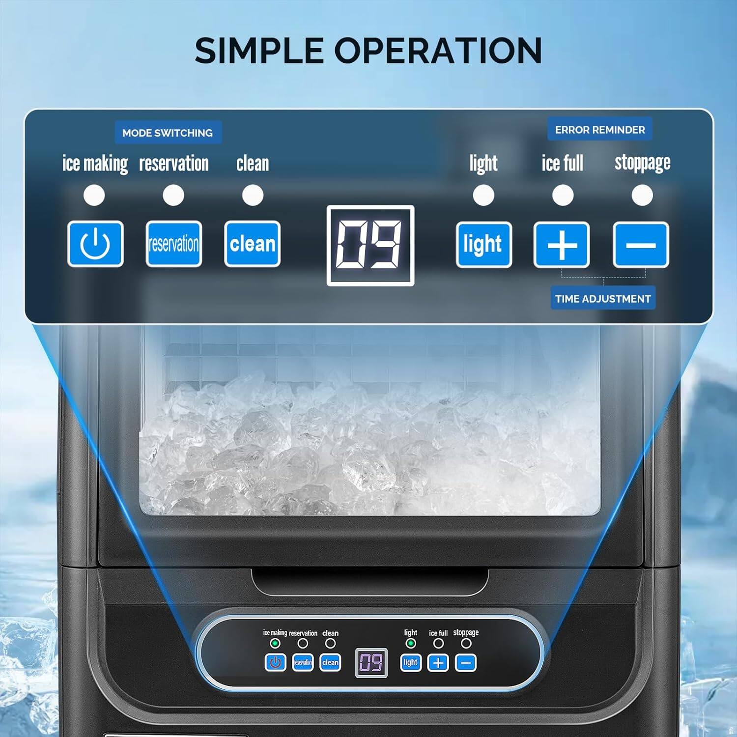 SIMPLE OPERATION MODE SWITCHING  
ice making reservation clean  
light ice full stoppage  
TIME ADJUSTMENT  
light + -