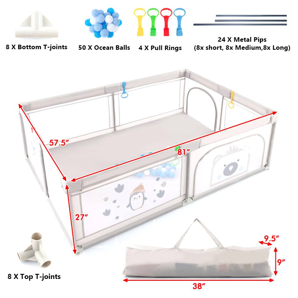 8 X Bottom T-joints  
50 X Ocean Balls  
4 X Pull Rings  
24 X Metal Pips (8x short, 8x Medium, 8x Long)  

8 X Top T-joints  

Dimensions:  
- 81"  
- 57.5"  
- 27"  
- 38"  
- 9.5"  
- 9"