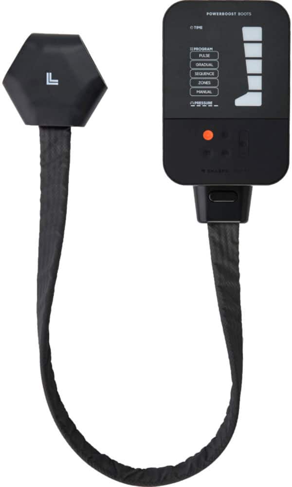 The image shows a black device with a cord attached to it. The device is a Powerboost Boots, which is designed to improve performance and reduce fatigue. The device has a timer program, pulse, and manual pressure settings, making it versatile for various activities. The cord is likely used to connect the device to a computer or other device for data transfer or charging.