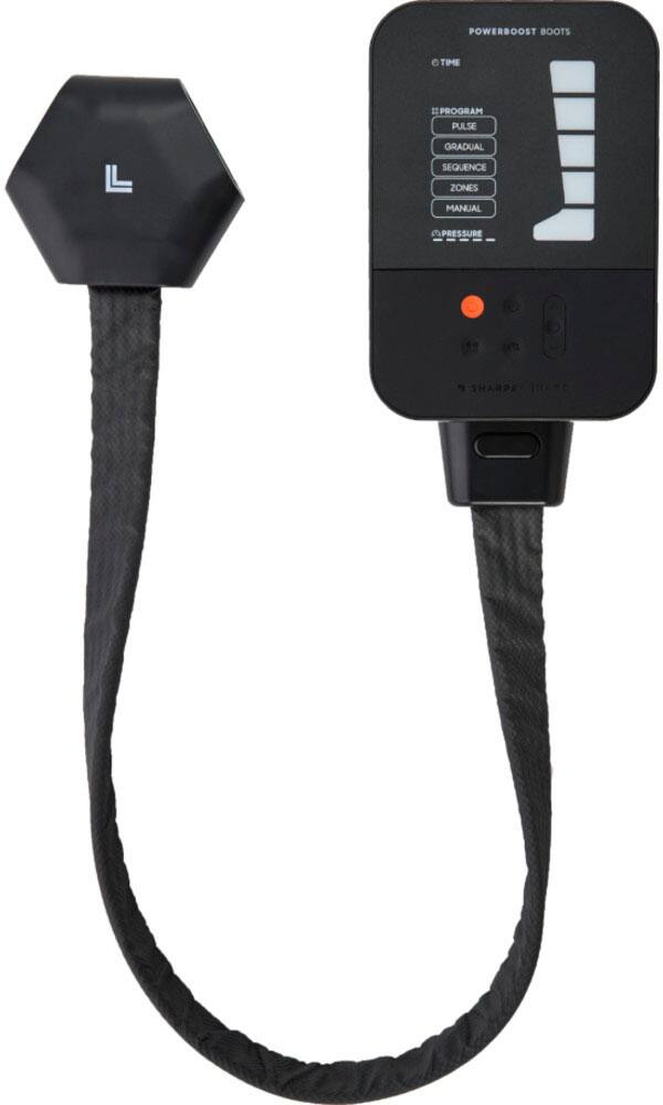 The image shows a black device with a cord attached to it. The device is a Powerboost Boots, which is designed to improve performance and reduce fatigue. The device has a timer program, pulse, and manual pressure settings, making it versatile for various activities. The cord is likely used to connect the device to a computer or other device for data transfer or charging.