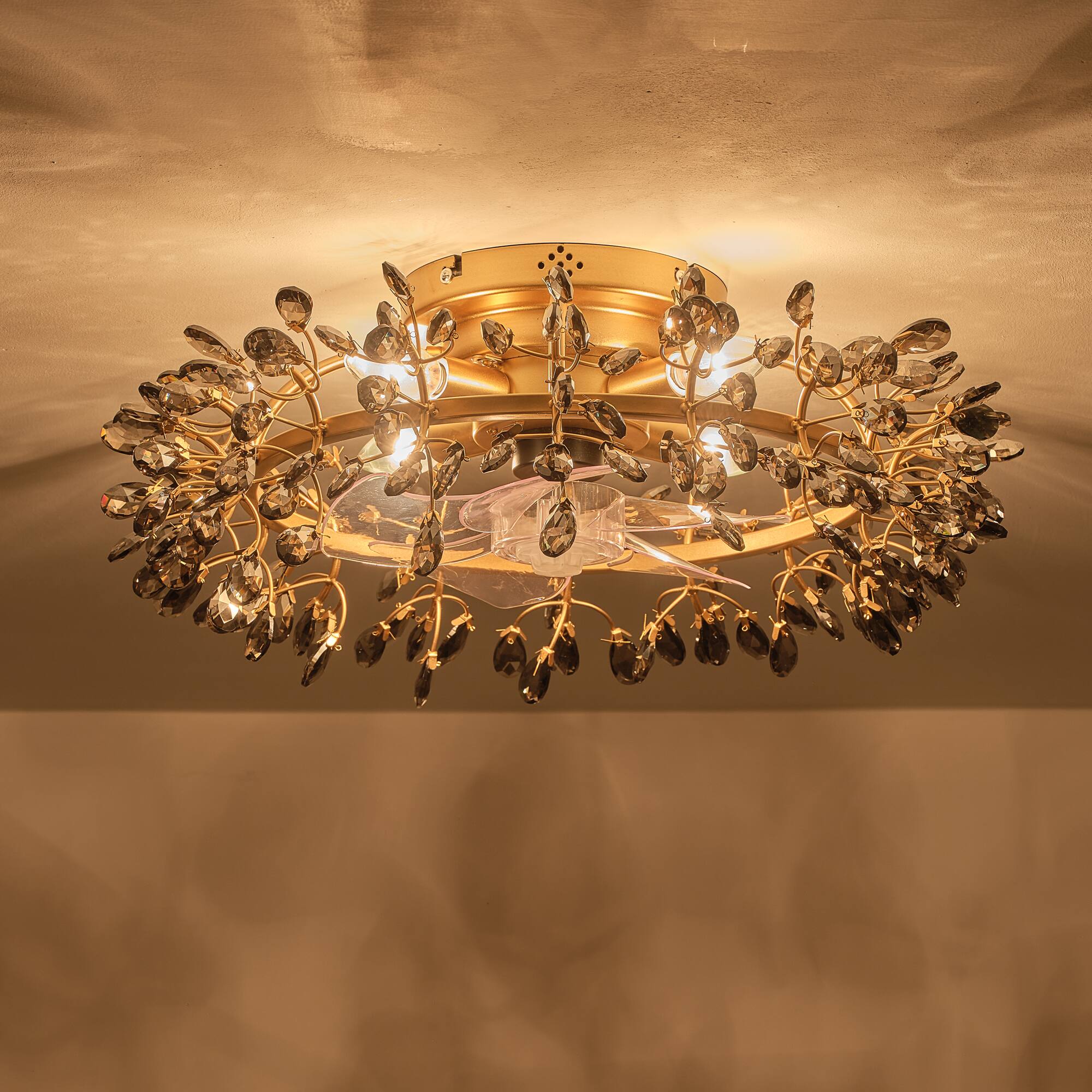 Alt View 1. Parrot Uncle - Modern American Black Crystal Flush Mount Chandelier Ceiling Fan with Remote and Retractable Blades - Gold.