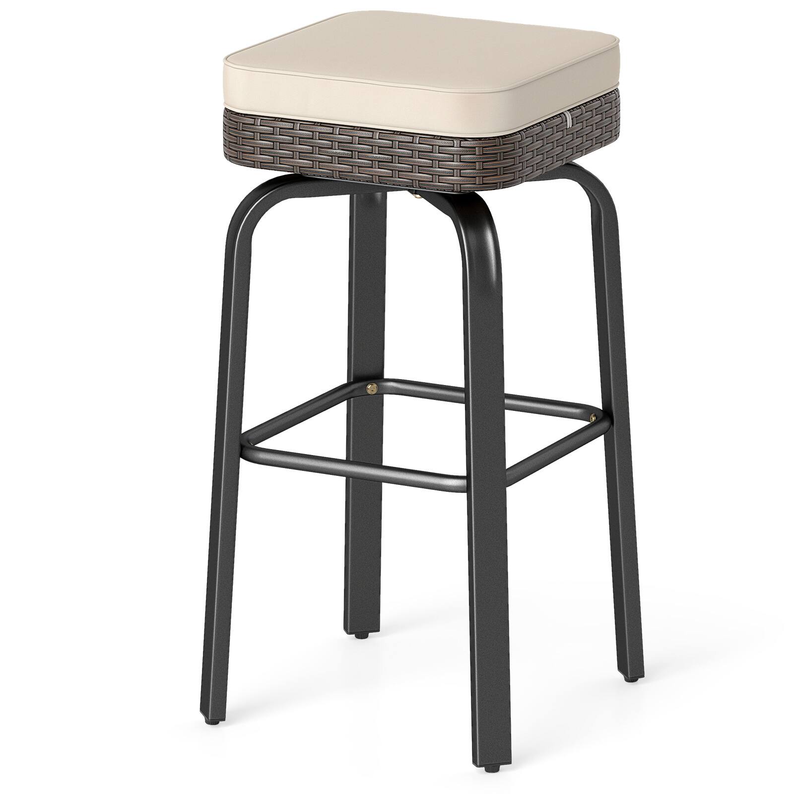 Alt View 8. Gymax - Gymax 3 PCS Outdoor Swivel Bar Set w/2 Chairs Tempered Glass Top Soft Cushions - White.