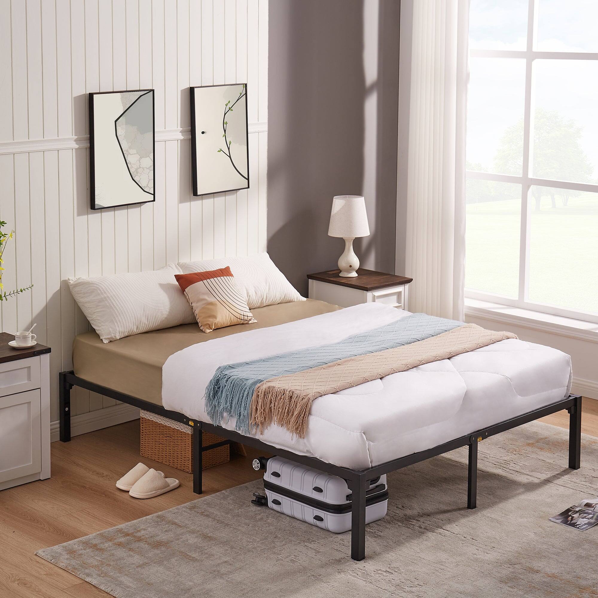 Alt View 4. Vecelo - Full Bed Frame No Tools Assembly - 3000lb Capacity, 14.2" Storage Height, No Box Spring Needed, Foldable Design - Black.