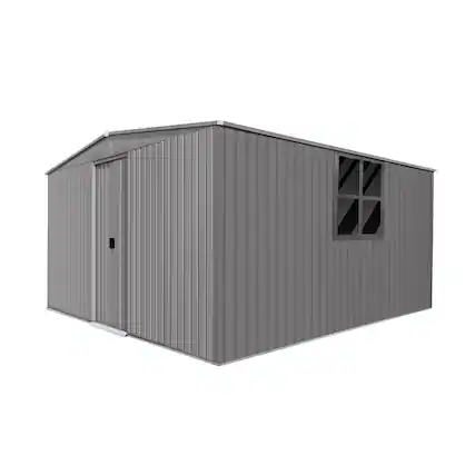 Front. Mondawe - 13×11 ft Outdoor Storage Shed with Tool Space and Firewood Storage - Grey.