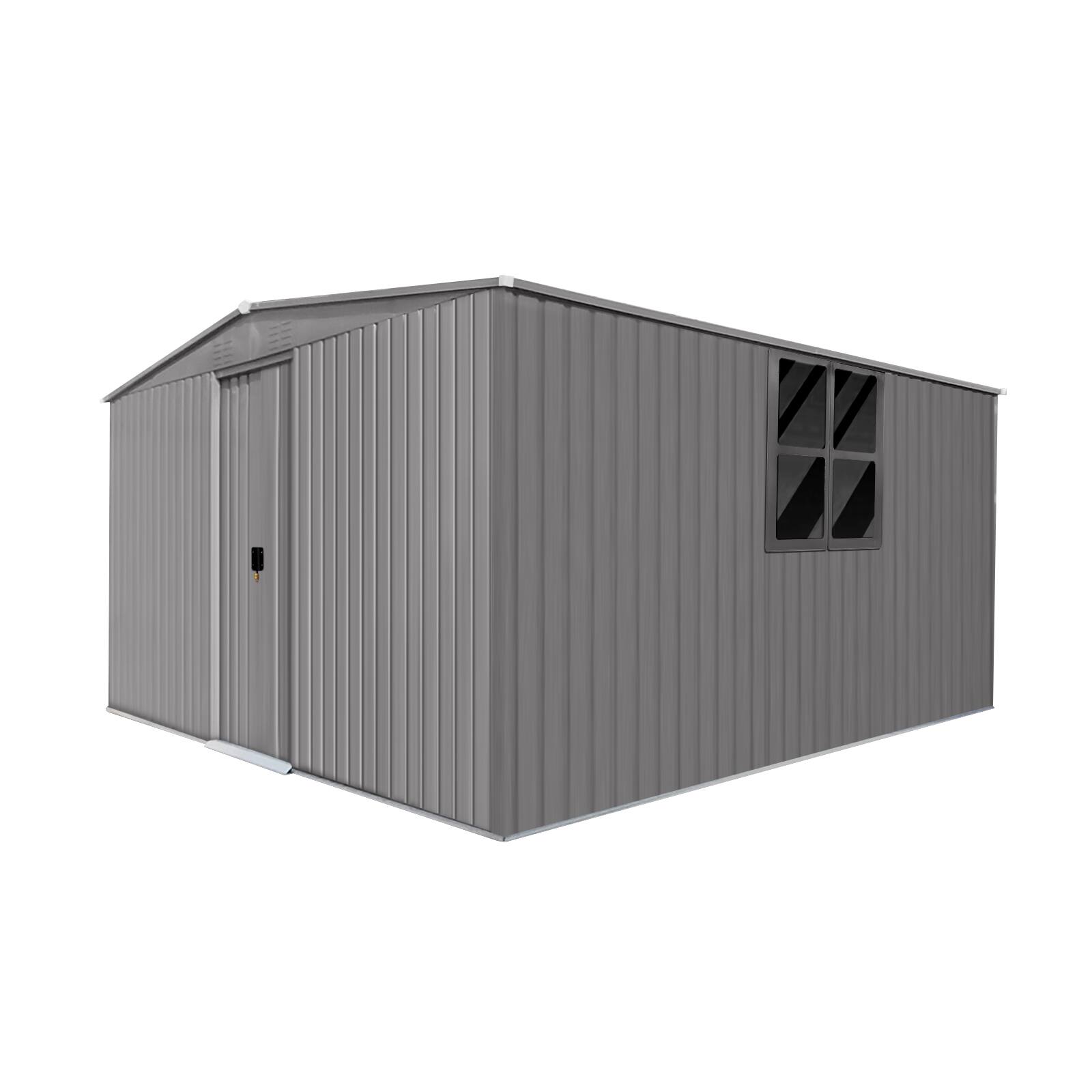 Front. Mondawe - 13×11 ft Outdoor Storage Shed with Tool Space and Firewood Storage - Grey.