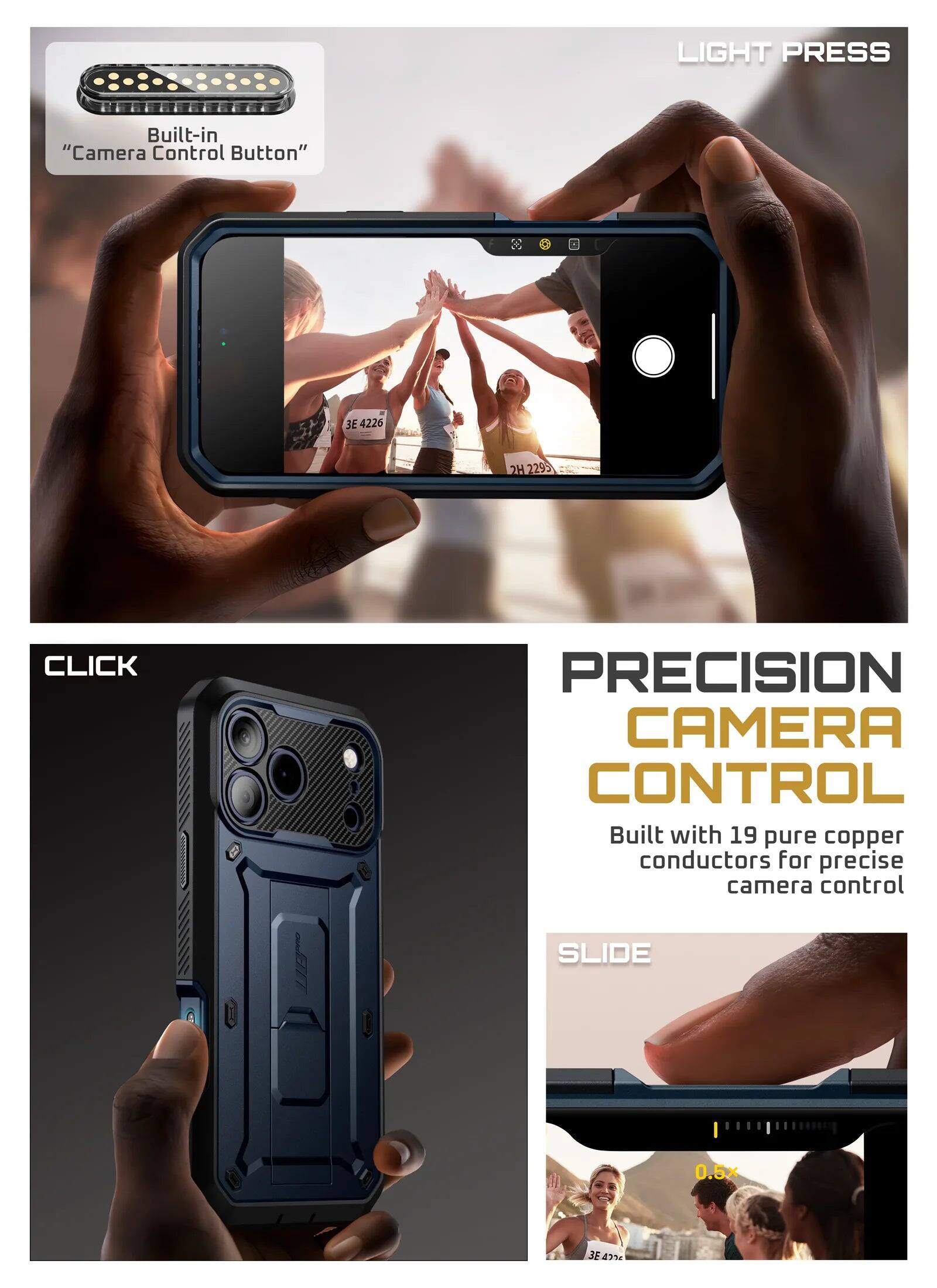 LIGHT PRESS  
Built-in "Camera Control Button"  
3E 4226  
2H 2295  

CLICK  

PRECISION CAMERA CONTROL  
Built with 19 pure copper conductors for precise camera control  

SLIDE  
0.5x  
3E
