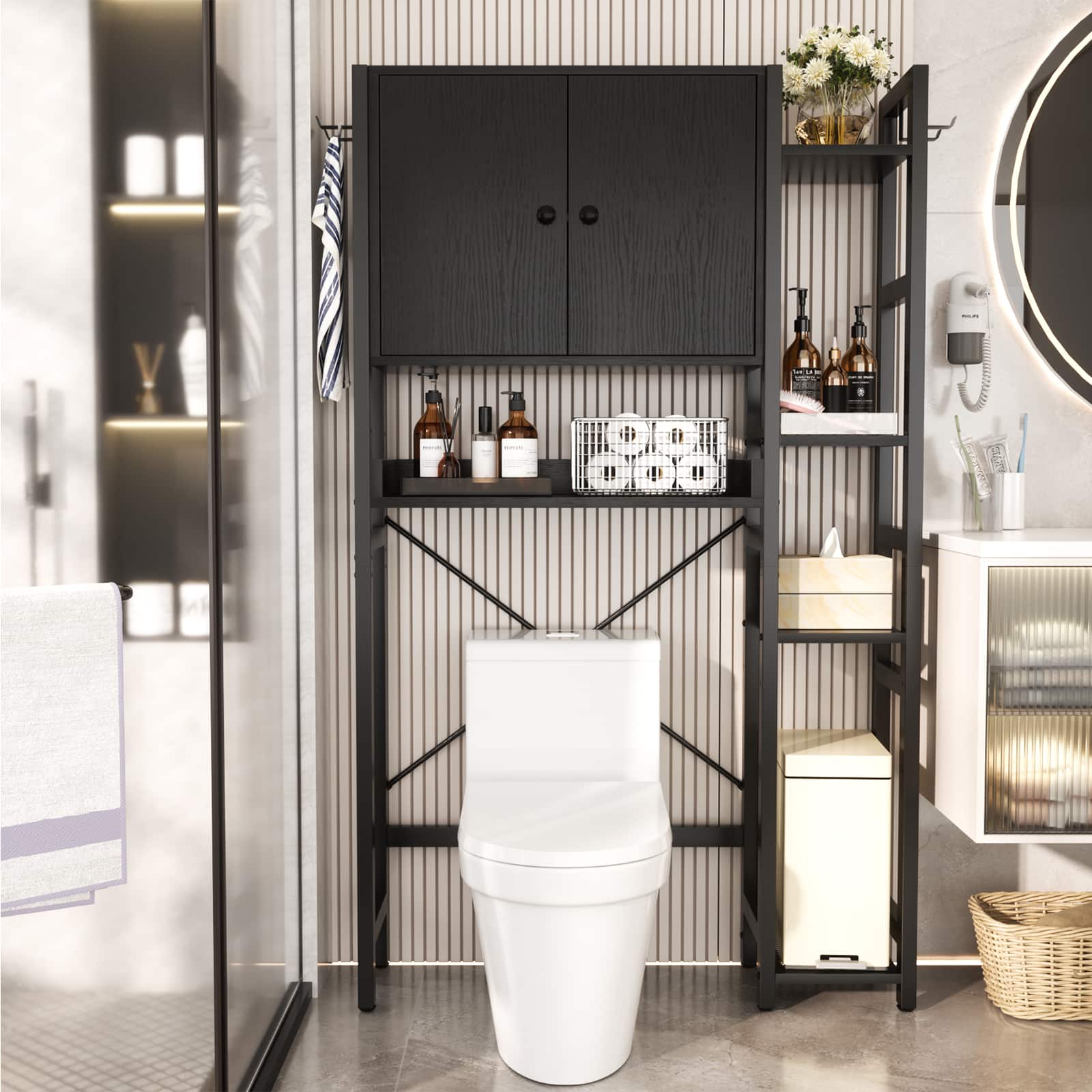 Aheaplus - Over The Toilet Storage Cabinet with Doors, 7 Tier Freestanding Bathroom Organizer with Adjustable Shelves & 4 Hooks - Black