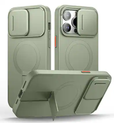 Front. SURITCH - Bumper Case for iPhone 14 Pro Max with Camera Cover, Kickstand,Compatible with MagSafe, Shockproof Slim Protective Cover - Khaki Green.