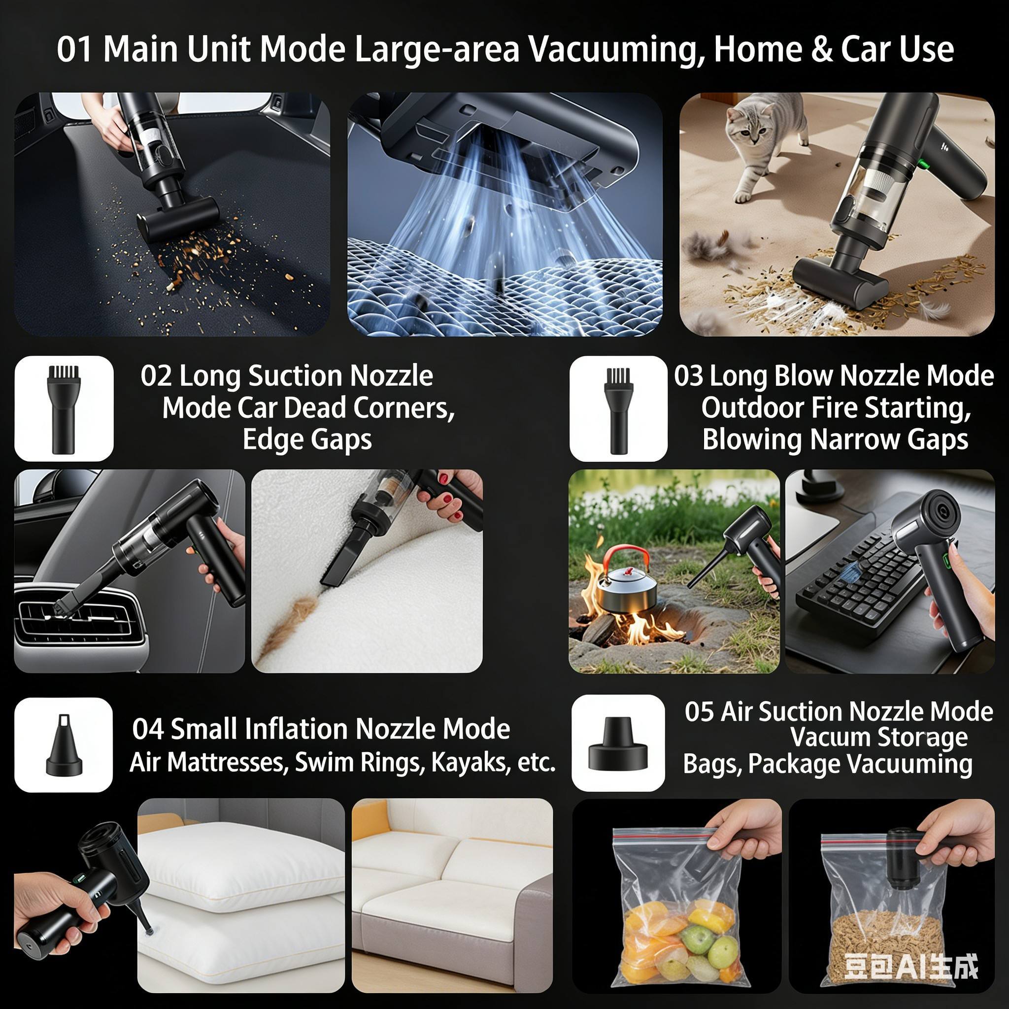 01 Main Unit Mode Large-area Vacuuming, Home & Car Use  
02 Long Suction Nozzle Mode Car Dead Corners, Edge Gaps  
03 Long Blow Nozzle Mode Outdoor Fire Starting, Blowing Narrow Gaps  
04 Small Inflation Nozzle Mode Air Mattresses, Swim Rings, Kayaks, etc.  
05 Air Suction Nozzle Mode Vacuum Storage Bags, Package Vacuuming