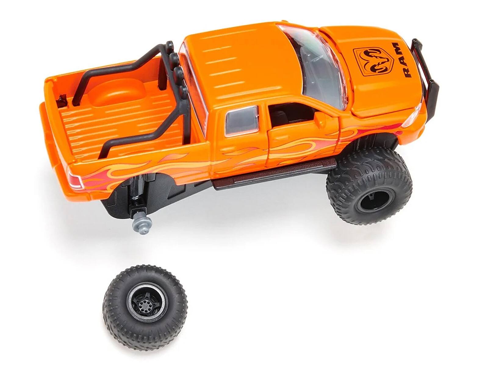 Angle. SIKU - Ram 1500 Pickup Truck Lifted with Balloon Tires Orange with Flames 1/50 Diecast Model by Siku - Orange.