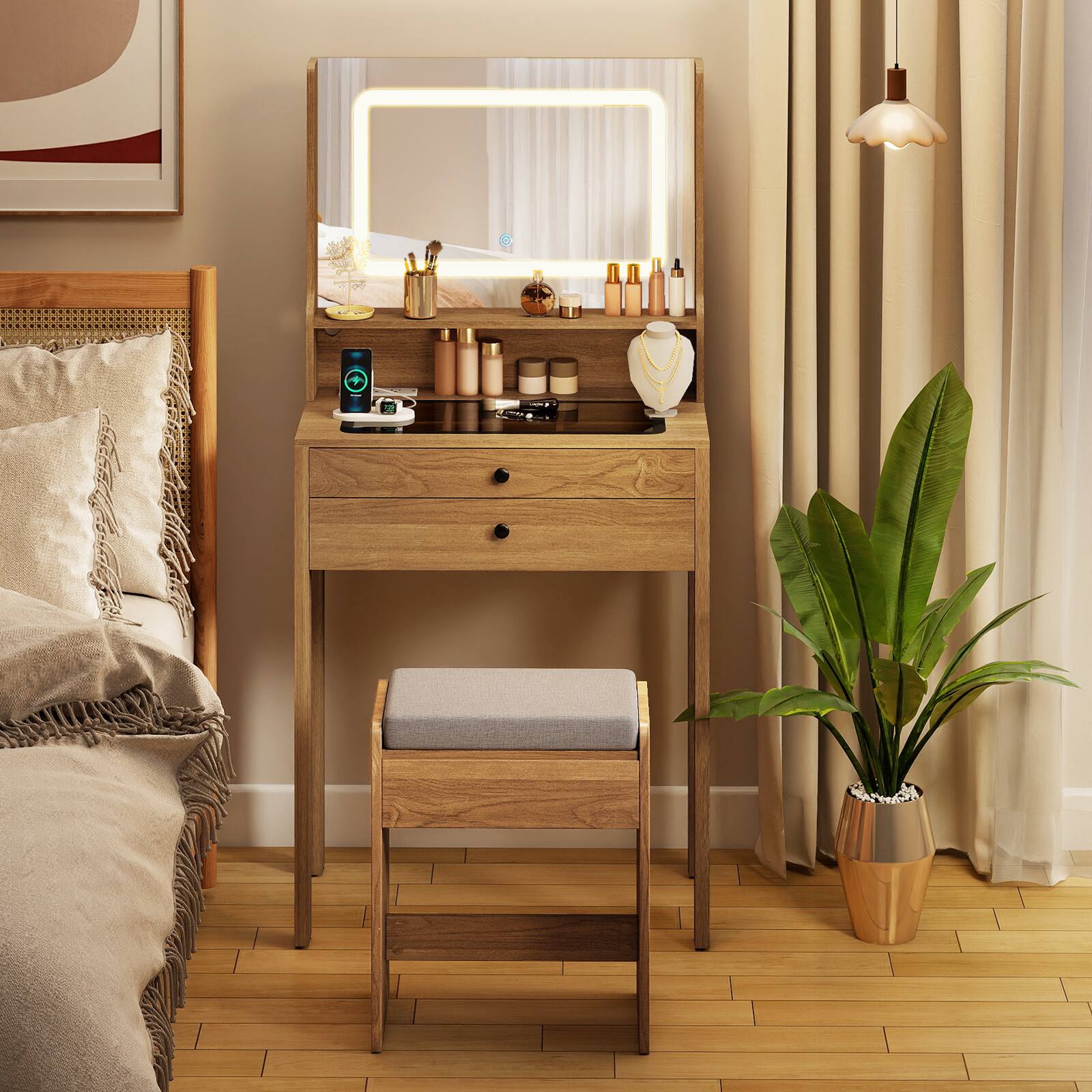 Alt View 3. Gymax - Gymax Small Vanity Desk Makeup Table & Padded Stool Set w/ Charging Station Natural - Yellow.