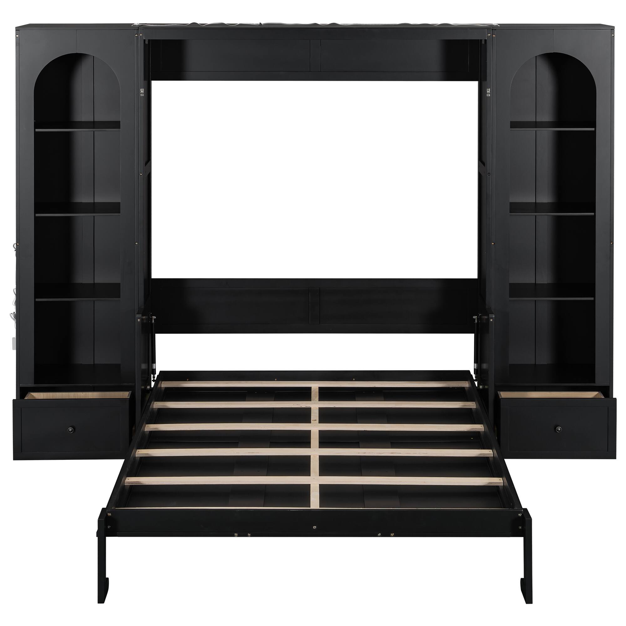 Alt View 1. Whisen - Queen Size Murphy Bed with Shelves, Storage Cabinets, Drawers & LED Lights, Wood Platform Bed - Black.