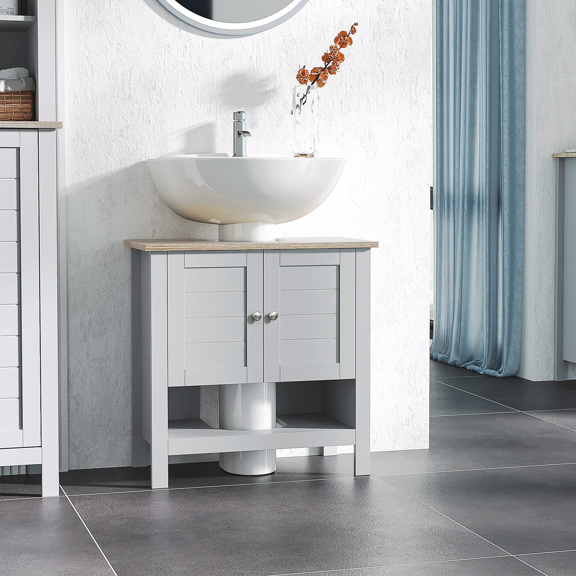 Angle. Homcom - Pedestal Sink Storage Cabinet, Under Sink Cabinet, Bathroom Vanity Cabinet with Adjustable Shelf and Open Bottom Shelf - Grey.