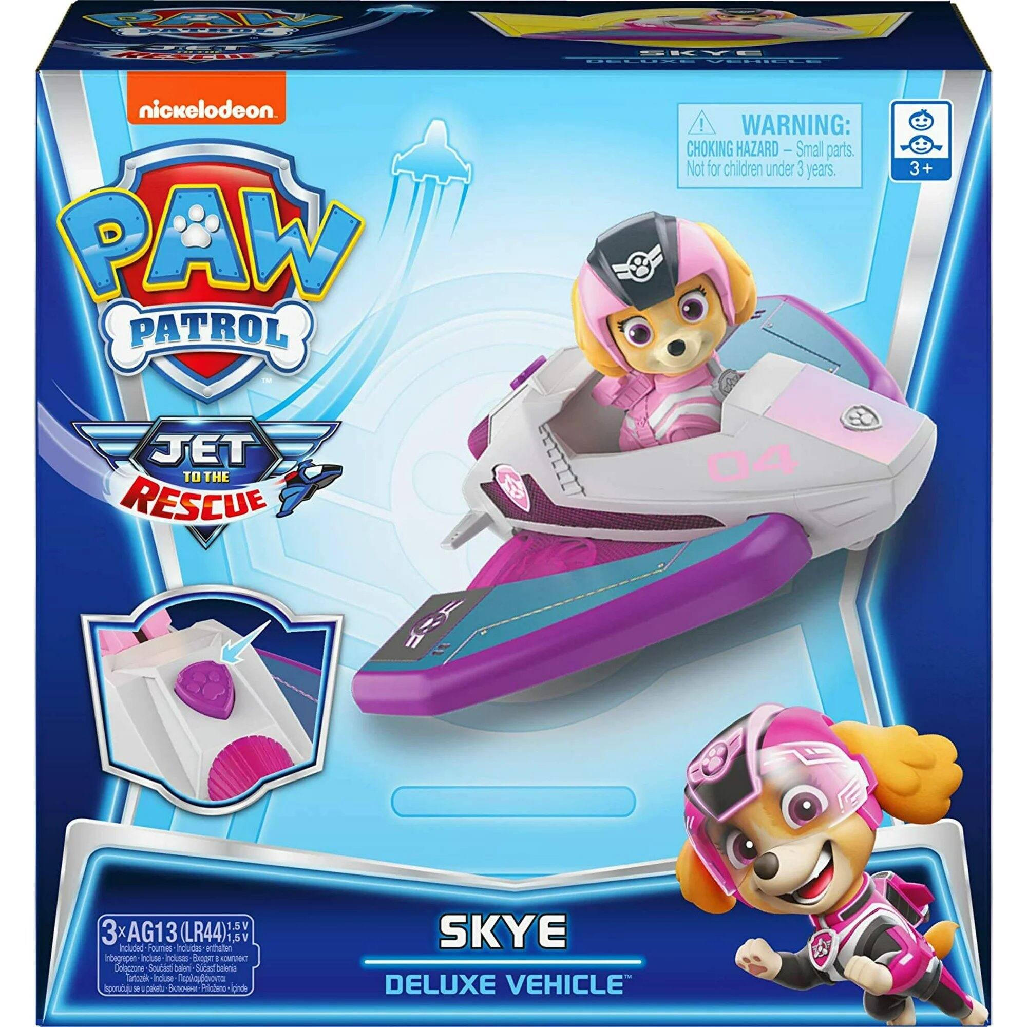 Nickelodeon PAW Patrol  
Jet to the Rescue  
Skye Deluxe Vehicle  

Warning: Choking Hazard - Small parts. Not for children under 3 years.  
3+  

Includes:  
- Skye figure  
- Jet vehicle  
- 3 x AG13 (LR44) 1.5V button cell batteries  

Skype