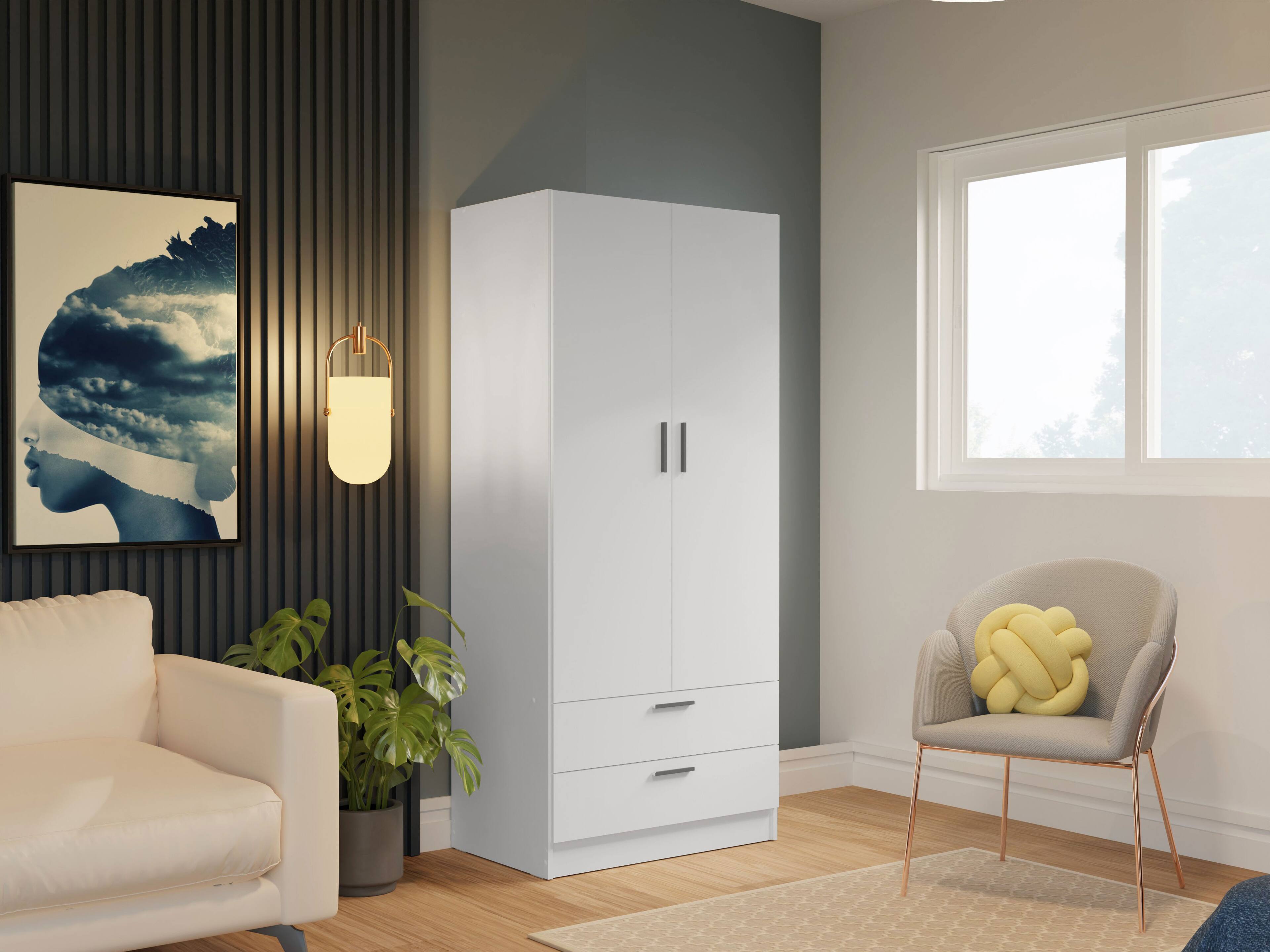 Alt View 6. Madesa - Madesa 2 Door 2 Drawer Wardrobe with Shelf and Hanging Space 31 "L - White - White.