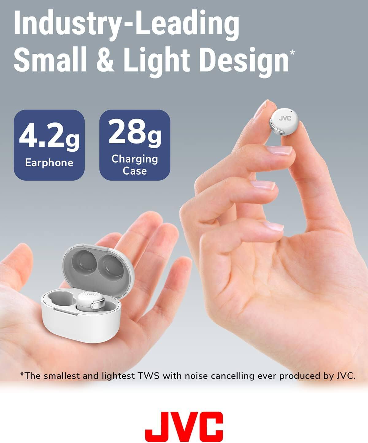 Industry-Leading Small & Light Design*

4.2g Earphone  
28g Charging Case

*The smallest and lightest TWS with noise cancelling ever produced by JVC.

JVC