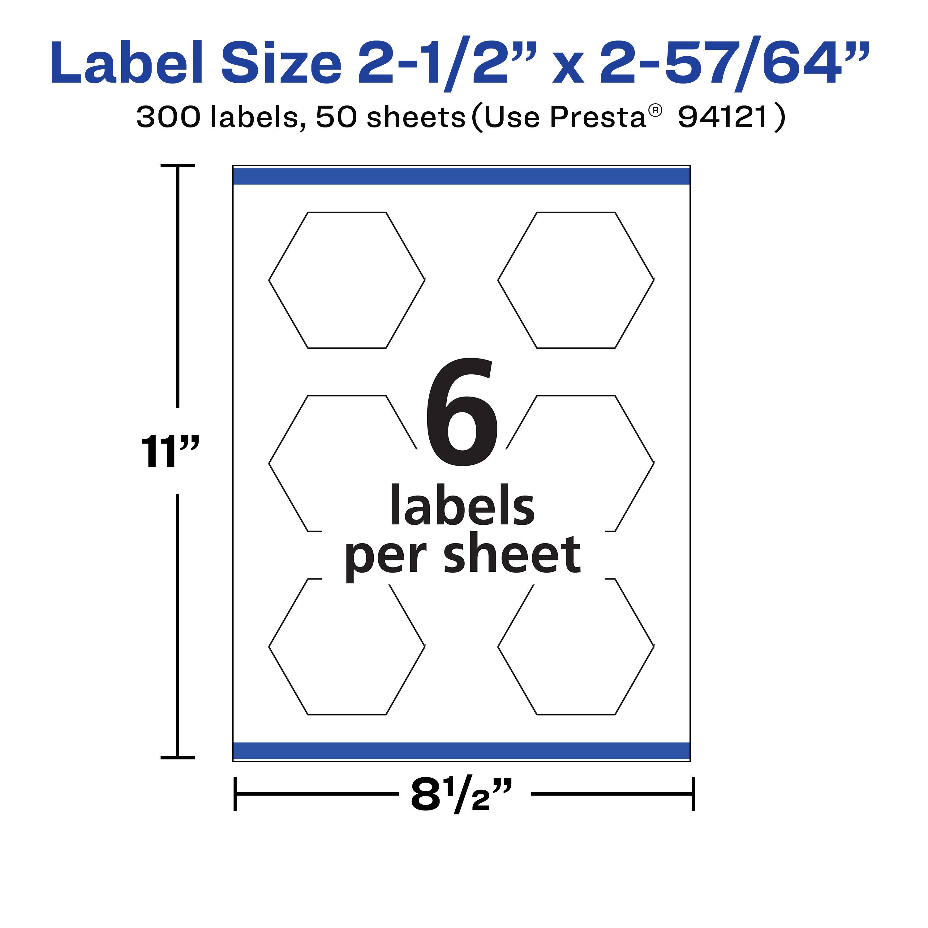 Label Size 2-1/2" x 2-57/64"  
300 labels, 50 sheets (Use Presta® 94121)  
11" x 8-1/2"  
6 labels per sheet