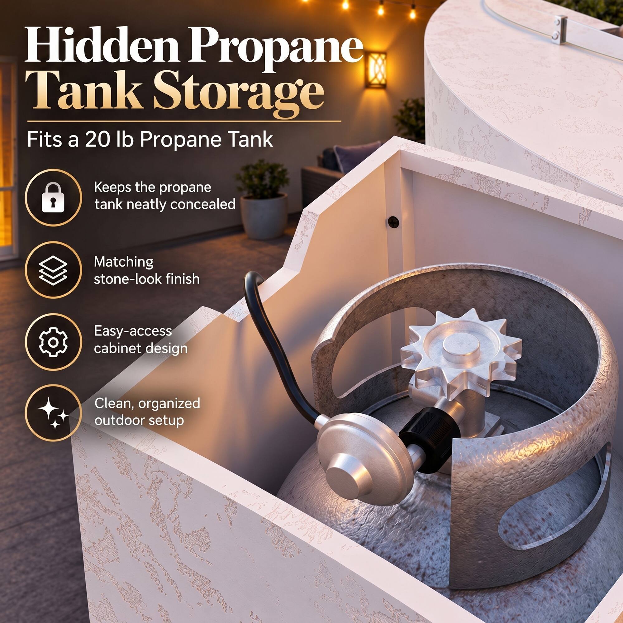 Hidden Propane Tank Storage  
Fits a 20 lb Propane Tank  
Keeps the propane tank neatly concealed  
Matching stone-look finish  
Easy-access cabinet design  
Clean, organized outdoor setup